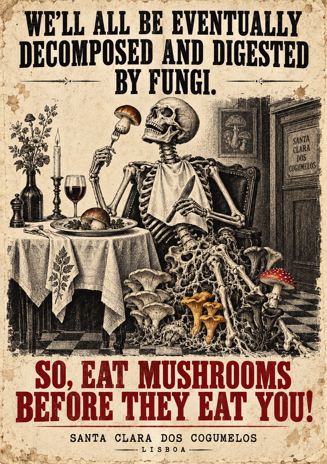 Vintage poster of a skeleton eating mushrooms