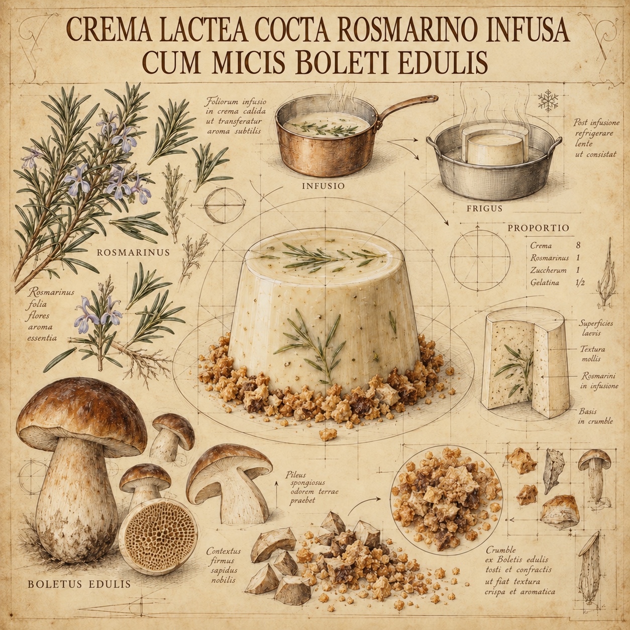Panna cotta al rosmarino con crumble di Boletus edulis