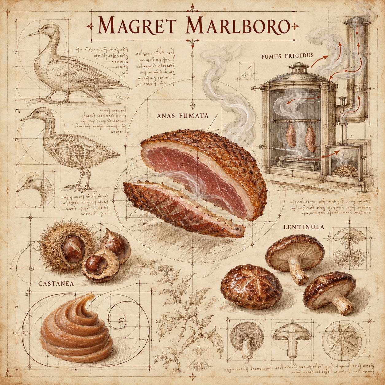 Magret d’anatra affumicato, castagne e funghi shiitake